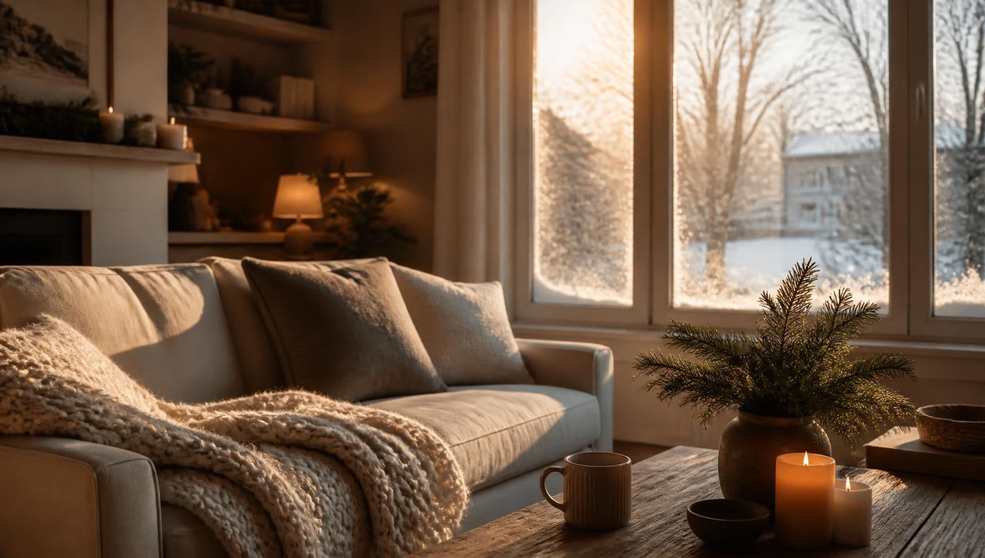 Un salon en hiver, la lumière du jour entrant par la fenêtre et la neige au dehors