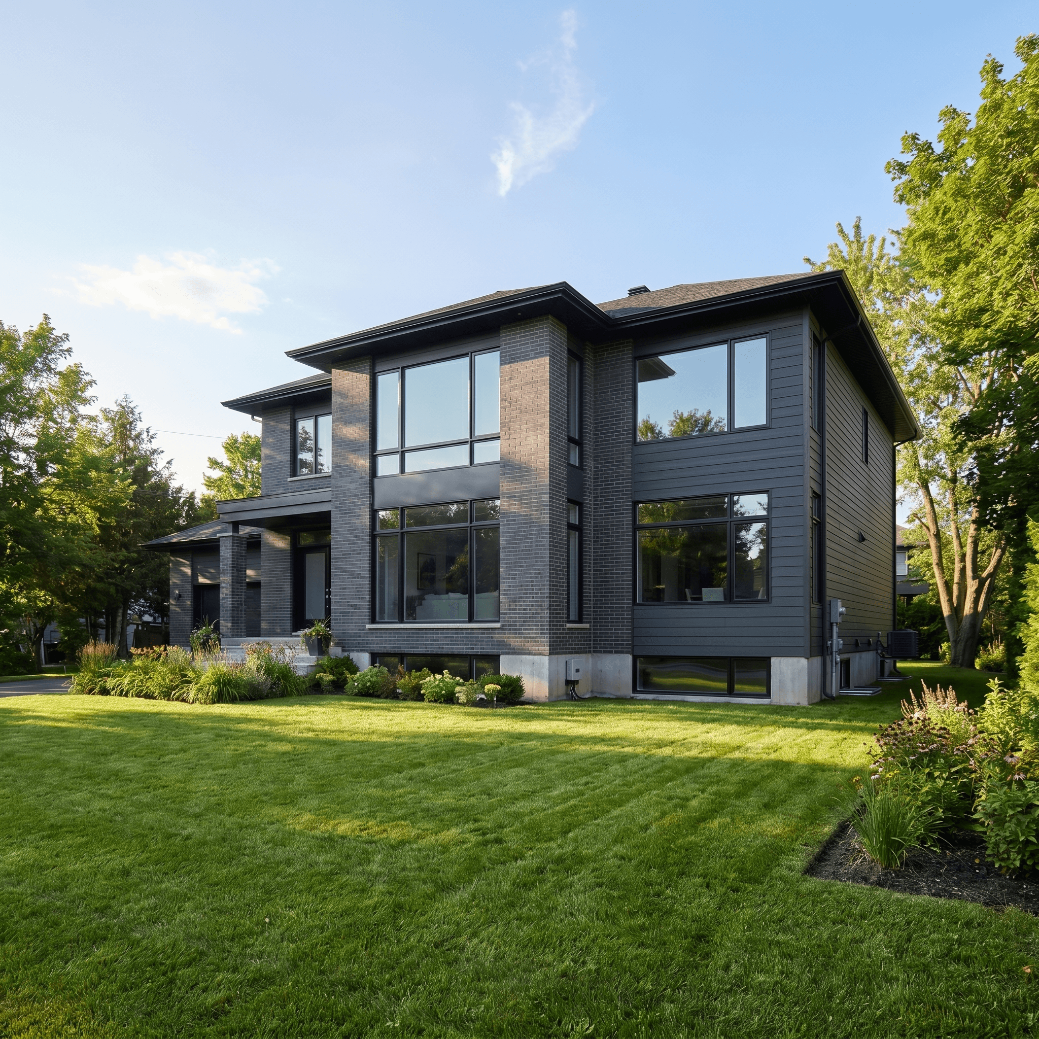 Une maison unifamiliale moderne en été, le type de propriété où les deux options sont envisageables