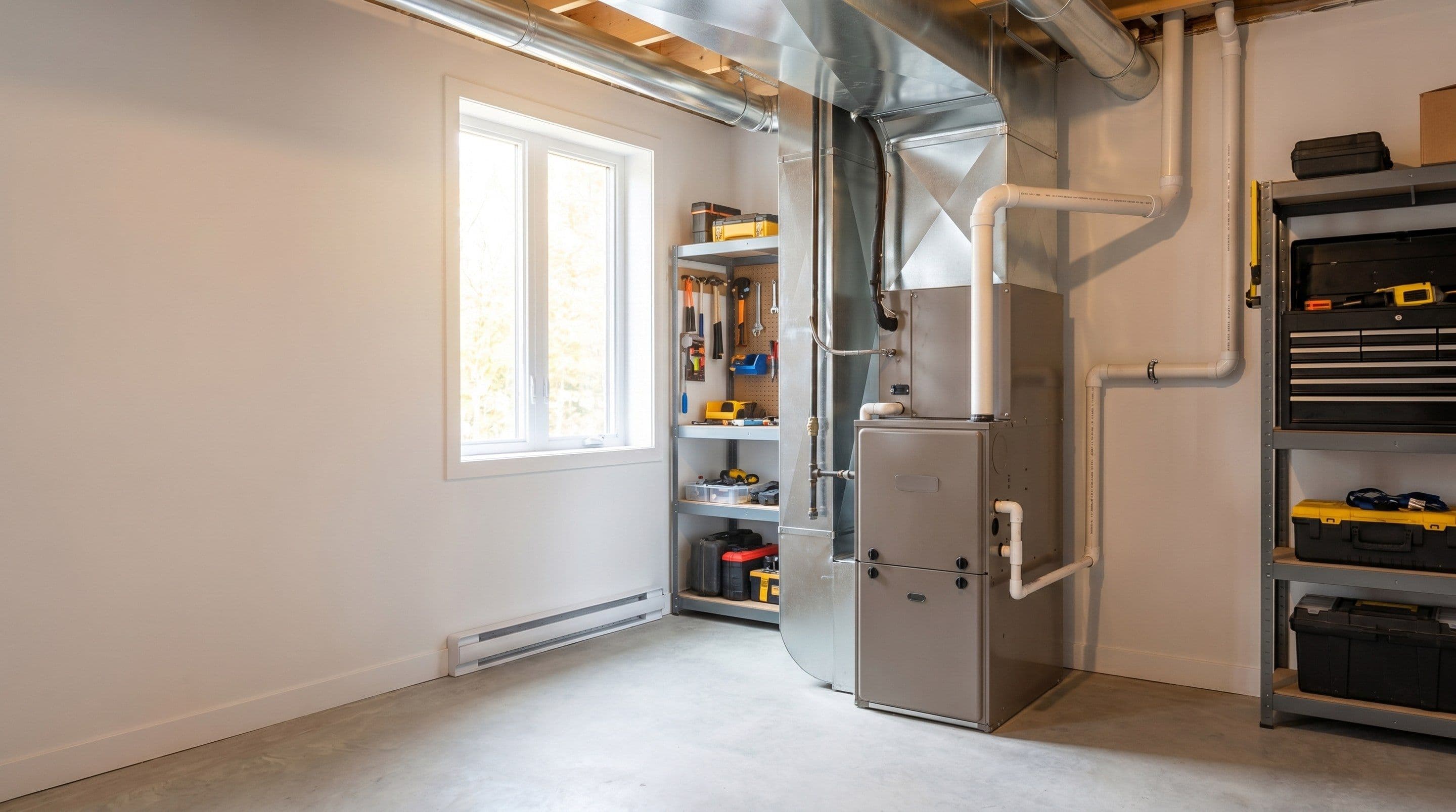 Une fournaise et ses conduits dans un sous-sol propre et bien éclairé