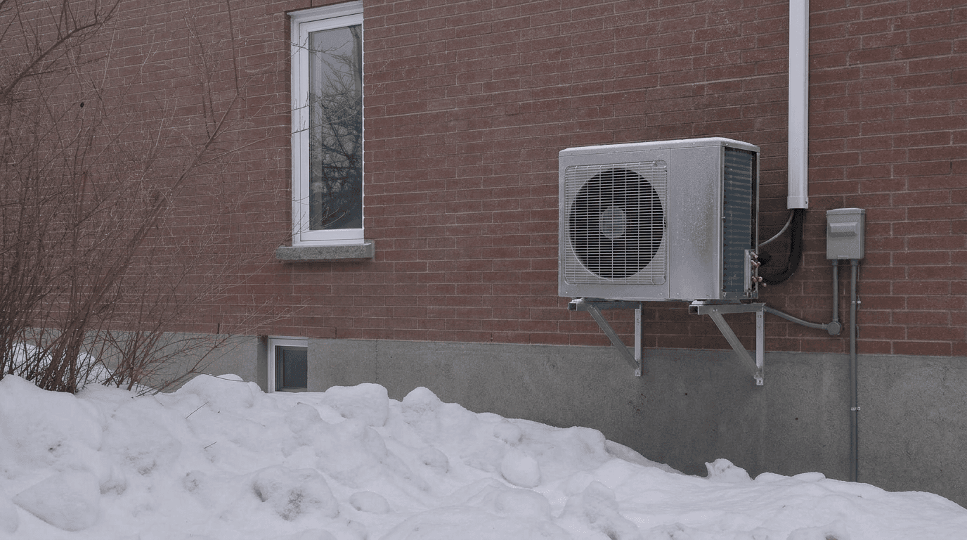 L’unité extérieure d’une thermopompe centrale surélevée sur un support au-dessus d’un banc de neige, en fonction l’hiver