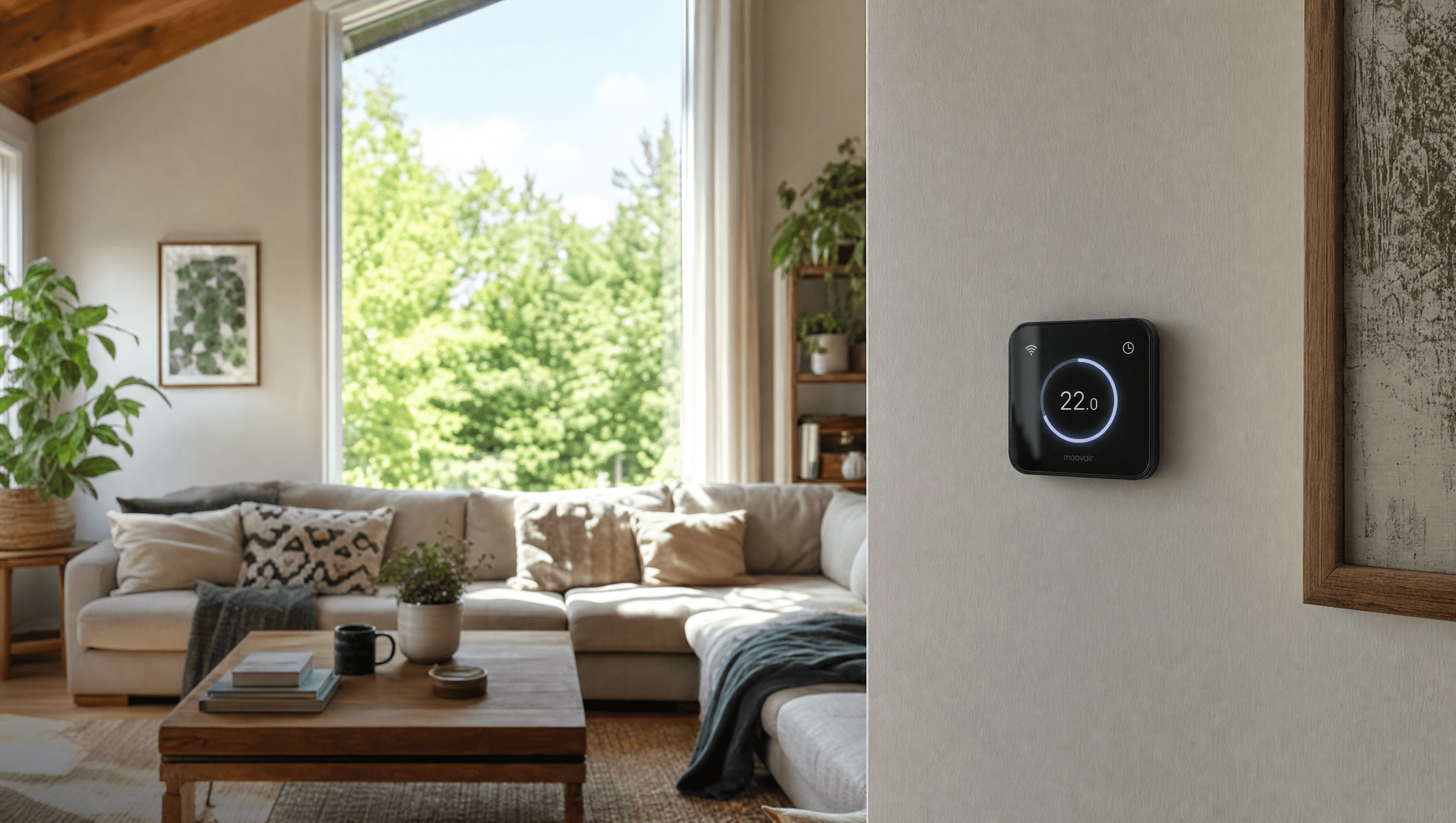 Un thermostat programmable sur le mur d’un salon lumineux doté d’une grande fenêtre